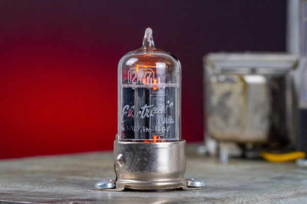 A 12AX7 vacuum tube on a vintage Fender guitar amplifier