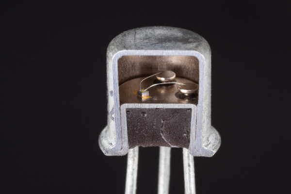 A 2N2222 transistor in a metal can package